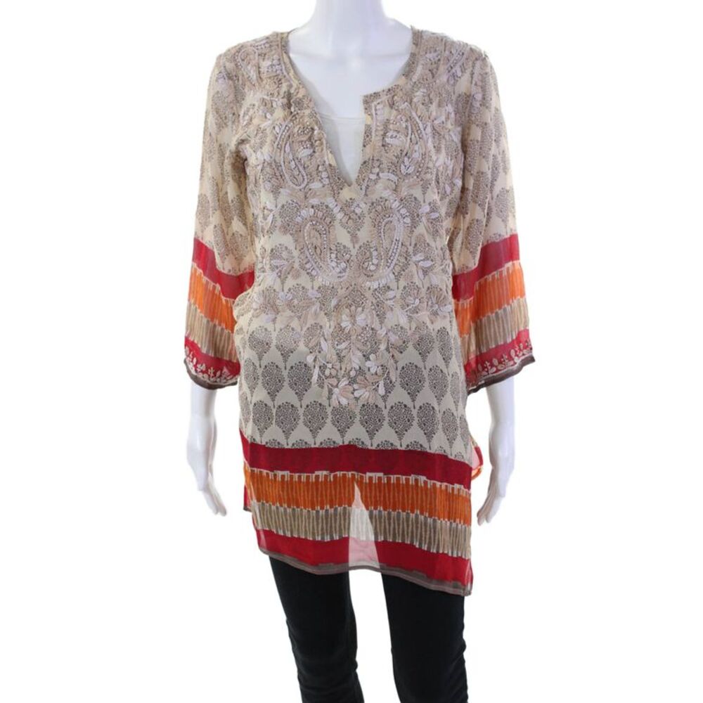 Amaya Womens Printed Silk Embroidered V-neck Tunic Blouse Top Beige Size 36
